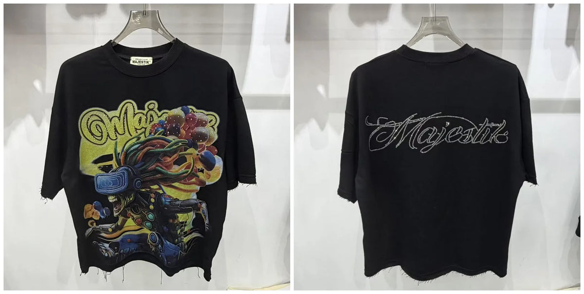 2026 Summer New MAJESTIK Men's T-shirt with Letter Hotfix Rhinestone Print Breathable Lightweight Casual Hip-Hop Style 100% Cotton Men/women T-shirt