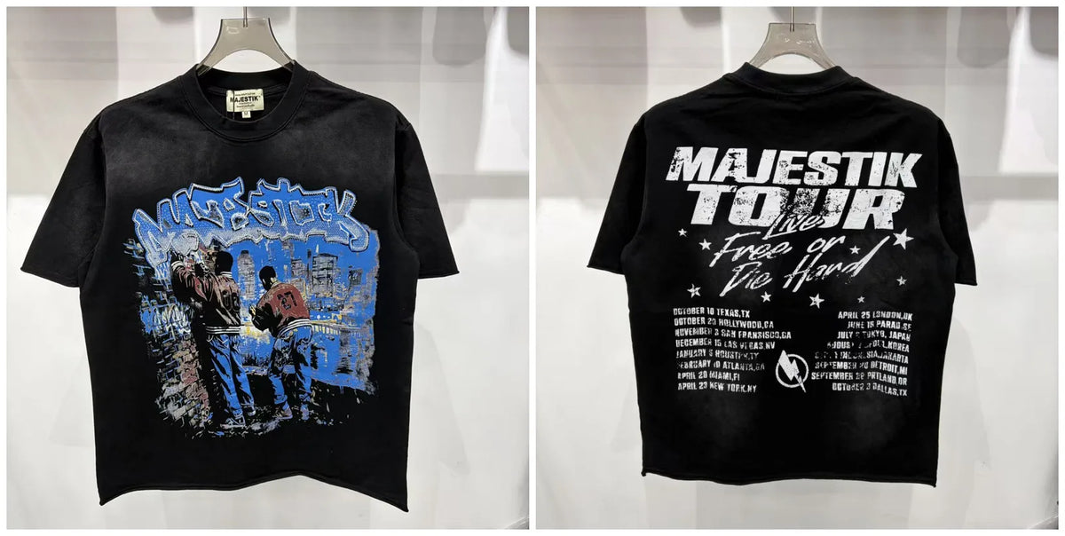 2026 Summer New MAJESTIK Men's T-shirt with Letter Hotfix Rhinestone Print Breathable Lightweight Casual Hip-Hop Style 100% Cotton Men/women T-shirt