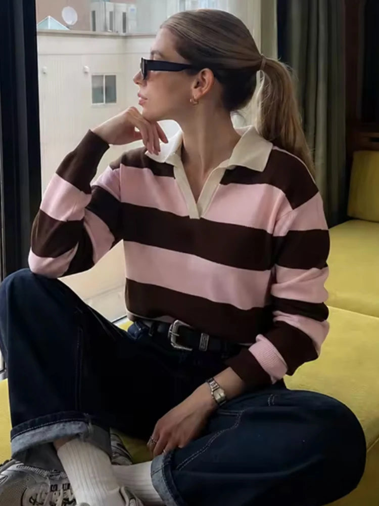 Pull polo rayé color-block manches longues femme