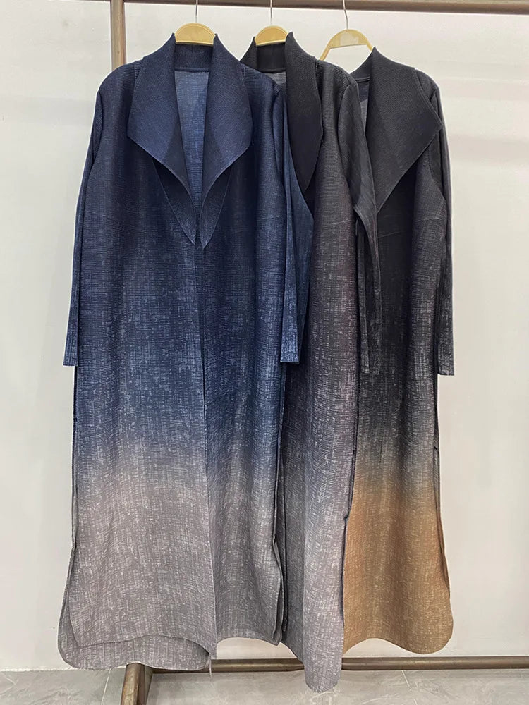 Miyake 2024 Fashion Pleated Ladies Long Coat Gradient Loose Button Split Design Trench Coat