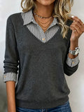 Women's V-neck Long-sleeve Striped Knit Top. A Stylish Casual Layered Crewneck Sweater, Perfect for Everyday Office Wear in Spring and Autumn.
