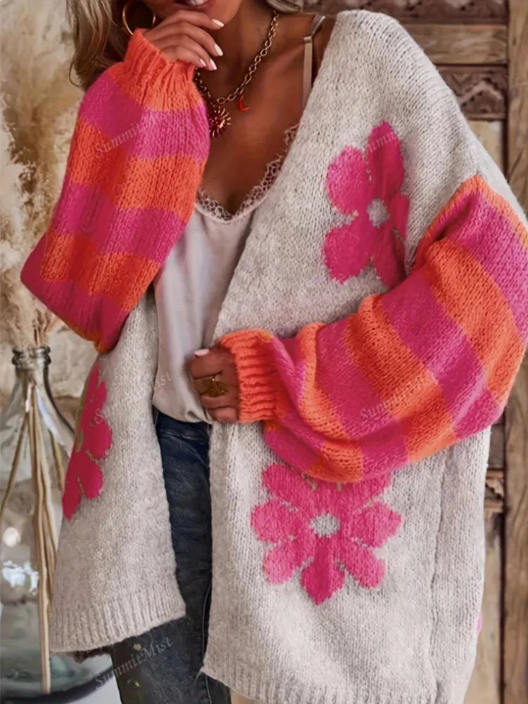 Women's Rainbow-Striped Knitted Cardigan Sweater, Featuring a Retro Floral Pattern with Oversized Front Opening and Long Sleeves, Is a Casual Outerwear Suitable for Sweet and Cool Style for Daily, Holiday and Casual Wear in A