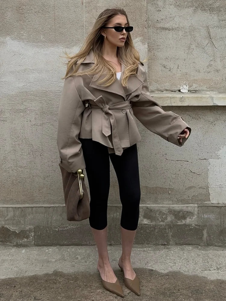 Women Lapel V-neck Belt Trench Coat Lace Up Button Full Sleeve Short Thin Windbreak 2026 Lady New Fashion Daily Street Outerwear