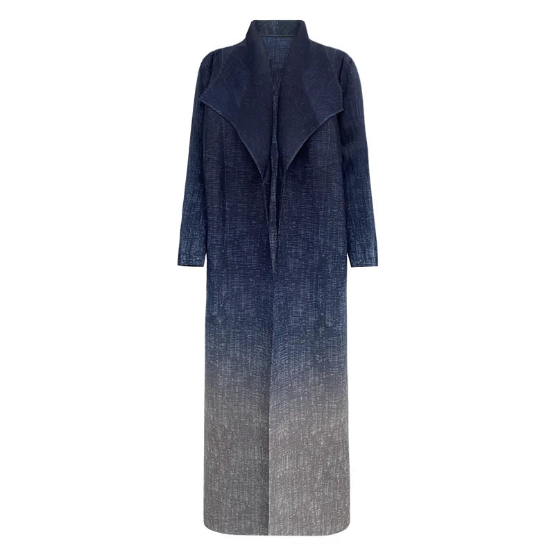 Miyake 2024 Fashion Pleated Ladies Long Coat Gradient Loose Button Split Design Trench Coat
