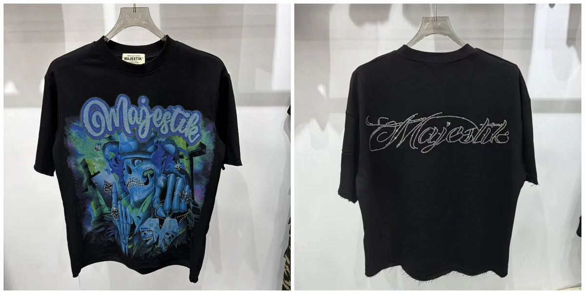 2026 Summer New MAJESTIK Men's T-shirt with Letter Hotfix Rhinestone Print Breathable Lightweight Casual Hip-Hop Style 100% Cotton Men/women T-shirt