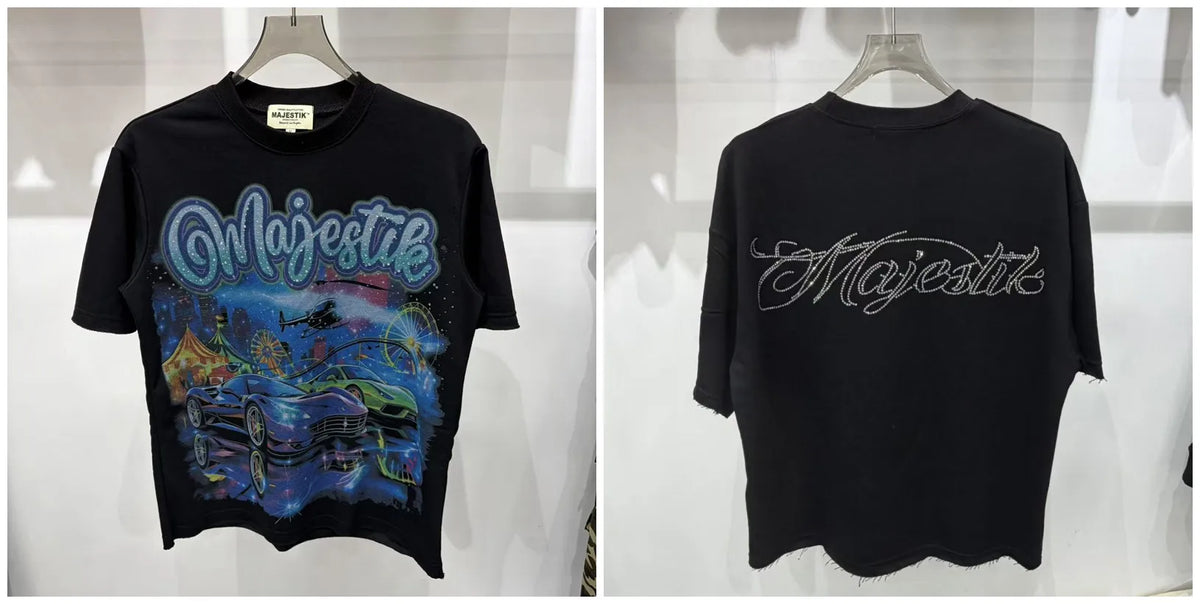 2026 Summer New MAJESTIK Men's T-shirt with Letter Hotfix Rhinestone Print Breathable Lightweight Casual Hip-Hop Style 100% Cotton Men/women T-shirt