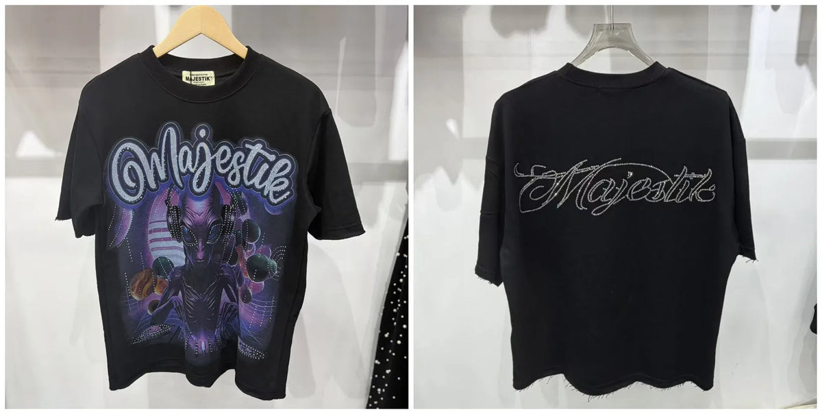 2026 Summer New MAJESTIK Men's T-shirt with Letter Hotfix Rhinestone Print Breathable Lightweight Casual Hip-Hop Style 100% Cotton Men/women T-shirt