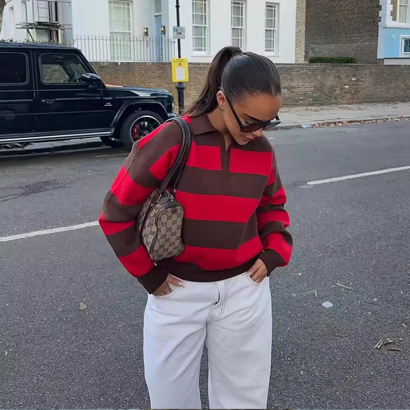 Pull rayé col polo femme