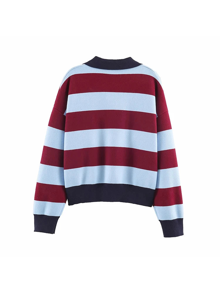 Pull polo rayé color-block manches longues femme