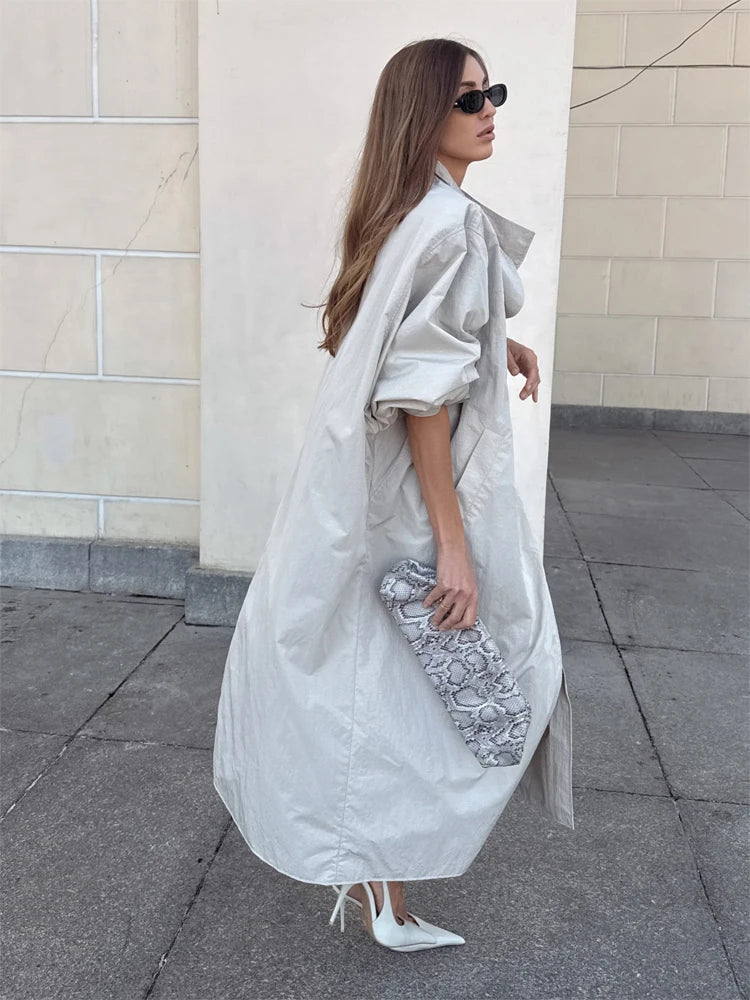 Solid Casual Long Trench Coat Women Lapel Collar Single Breasted Batwing Sleeve Windbreaker 2026 High Street Oversized Outerwear