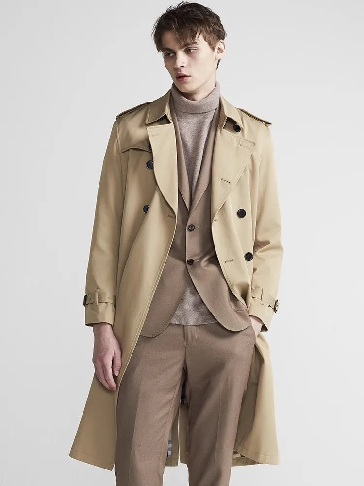 Mauroicardi Spring Autumn Long Chic Khaki Trench Coat Men Belt Double Breasted Elegant Luxury British Style Black Overcoat 2025