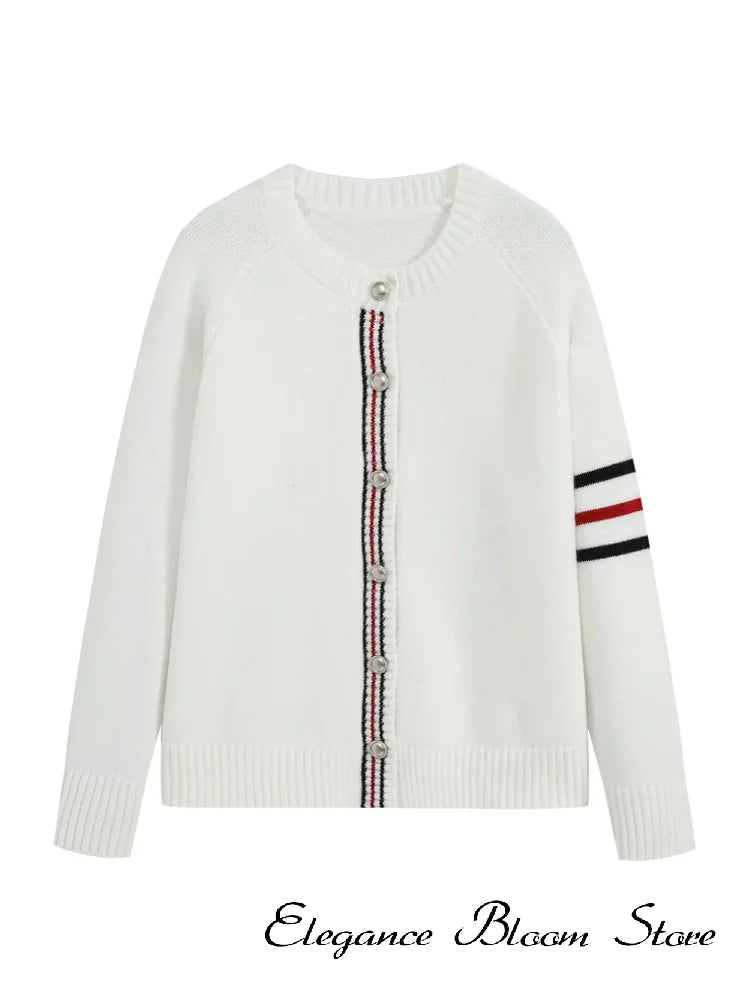 Women's Knit Cardigan Crew Neck Striped Button Loose Elegant Sweater Cardigan Top Ladies Fashion Commuter Chic Casual Outerwear