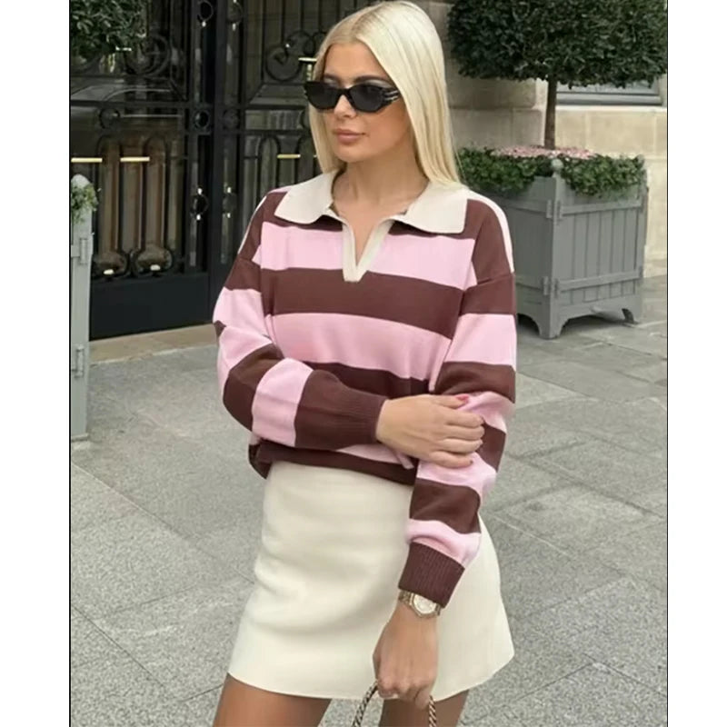 Pull rayé col polo femme