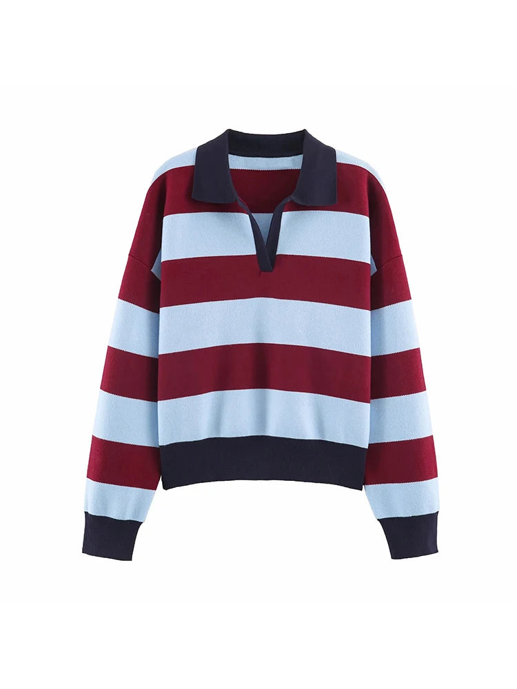 Pull polo rayé color-block manches longues femme