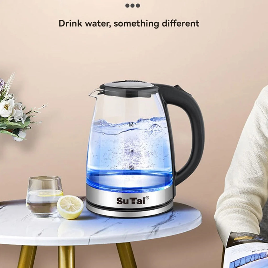 1.8L Electric Water Kettle - 1000W Fast Boil, Clear Borosilicate Glass, Stainless Steel, Filter Spout, Anti-Scald Handle, LED Blue Light, Large Capacity for Family Use