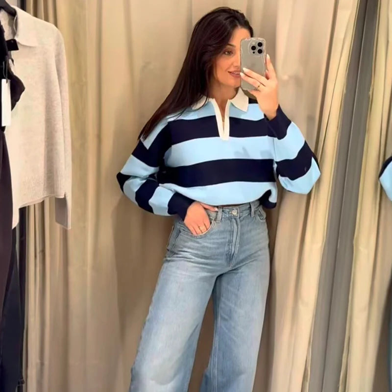 Pull rayé col polo femme