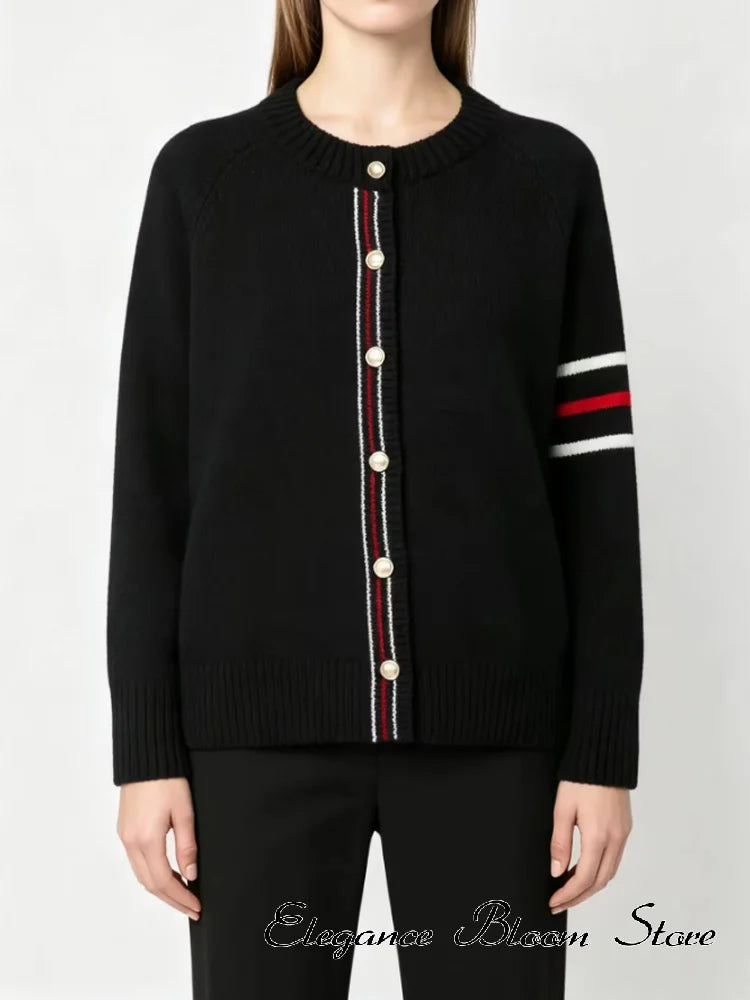 Women's Knit Cardigan Crew Neck Striped Button Loose Elegant Sweater Cardigan Top Ladies Fashion Commuter Chic Casual Outerwear