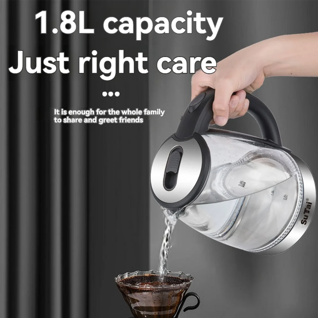 1.8L Electric Water Kettle - 1000W Fast Boil, Clear Borosilicate Glass, Stainless Steel, Filter Spout, Anti-Scald Handle, LED Blue Light, Large Capacity for Family Use