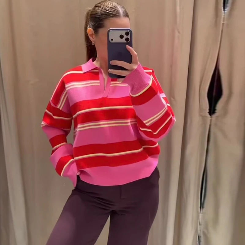 Pull rayé col polo femme