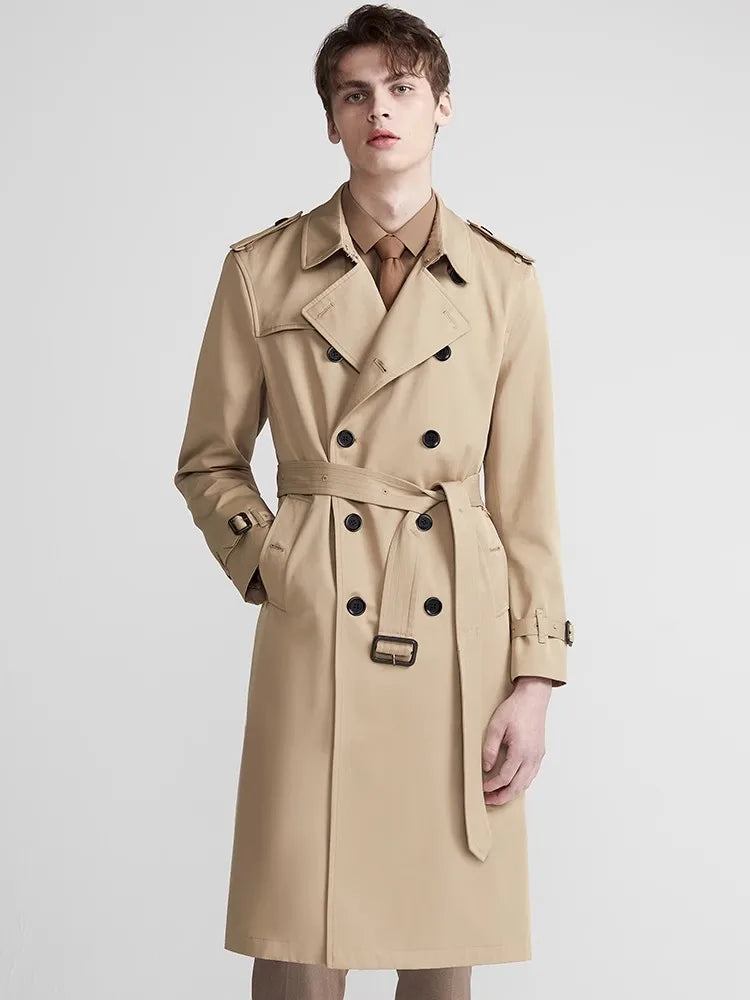 Mauroicardi Spring Autumn Long Chic Khaki Trench Coat Men Belt Double Breasted Elegant Luxury British Style Black Overcoat 2025