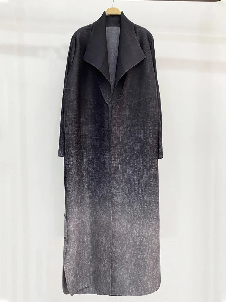 Miyake 2024 Fashion Pleated Ladies Long Coat Gradient Loose Button Split Design Trench Coat
