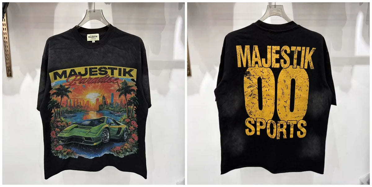2026 Summer New MAJESTIK Men's T-shirt with Letter Hotfix Rhinestone Print Breathable Lightweight Casual Hip-Hop Style 100% Cotton Men/women T-shirt