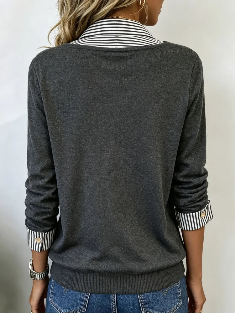 Women's V-neck Long-sleeve Striped Knit Top. A Stylish Casual Layered Crewneck Sweater, Perfect for Everyday Office Wear in Spring and Autumn.