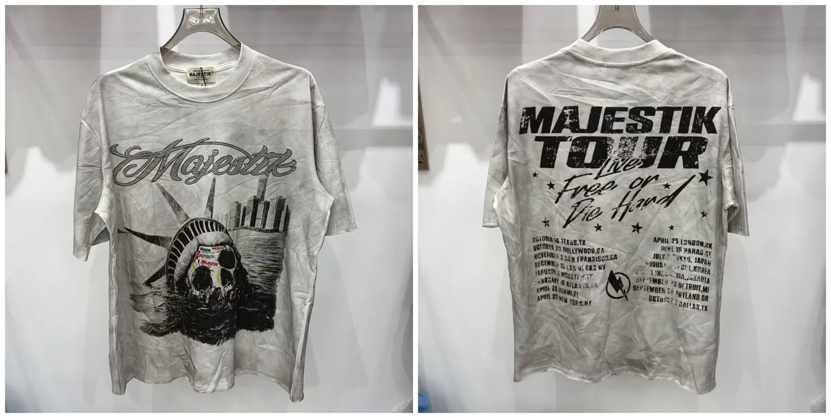 2026 Summer New MAJESTIK Men's T-shirt with Letter Hotfix Rhinestone Print Breathable Lightweight Casual Hip-Hop Style 100% Cotton Men/women T-shirt