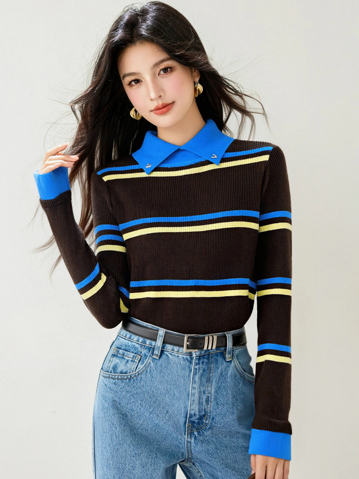 Pull color-block rayures col à revers femme